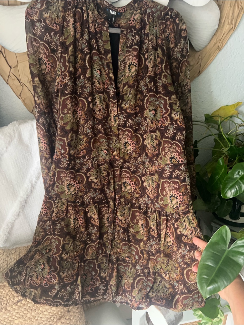 PAIGE Elias Tiered Long-Sleeve Silk Dress in Brown Floral